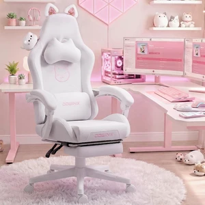 Gaming Chair with Cat Ears and Massage Lumbar Support, Ergonomic Computer Chair with Footrest and Headrest, Comfortable Reclining Game Chair 290lbs for Adults, White Gaming Chair with Cat Ears and Massage Lumbar Support, Ergonomic Computer Chair with Footrest and Headrest, Comfortable Reclining Game Chair 290lbs for Adults, White