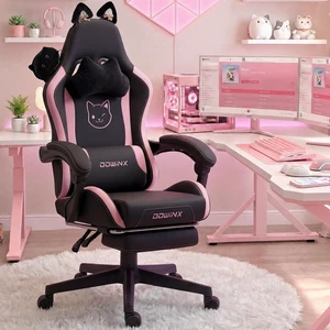 Gaming Chair with Cat Ears and Massage Lumbar Support, Ergonomic Computer Chair with Footrest and Headrest, Comfortable Reclining Game Chair 290lbs for Adults, Black Pink Gaming Chair with Cat Ears and Massage Lumbar Support, Ergonomic Computer Chair with Footrest and Headrest, Comfortable Reclining Game Chair 290lbs for Adults, Black Pink