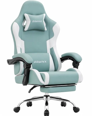 Ergonomic Gaming Chair with Footrest & Massage Lumbar, 2D-Linkage Armrests for Computer Chair 330lbs with Headrest Pillow for Office, Home, Streaming and Long Gaming Sessions, Fabric Blue White Ergonomic Gaming Chair with Footrest & Massage Lumbar, 2D-Linkage Armrests for Computer Chair 330lbs with Headrest Pillow for Office, Home, Streaming and Long Gaming Sessions, Fabric Blue White