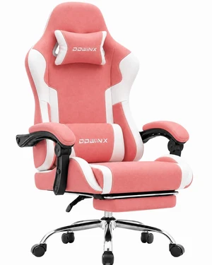 Ergonomic Gaming Chair with Footrest & Massage Lumbar, 2D-Linkage Armrests for Computer Chair 330lbs with Headrest Pillow for Office, Home, Streaming and Long Gaming Sessions, Fabric Pink White Ergonomic Gaming Chair with Footrest & Massage Lumbar, 2D-Linkage Armrests for Computer Chair 330lbs with Headrest Pillow for Office, Home, Streaming and Long Gaming Sessions, Fabric Pink White
