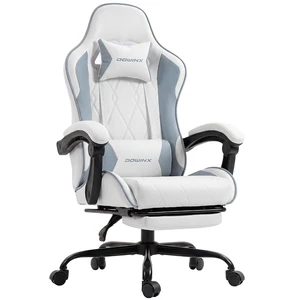 Gaming Chair with Footrest, Ergonomic Office Chair, White Blue Gaming Chair with Footrest, Ergonomic Office Chair, White Blue