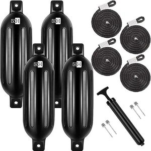 Vinyl Ribbed Boat Fenders 4 Pack, Boat Bumpers with Ropes, Needles, and Pump to Inflate Fit for Yachts, Sailing Dinghies, Bass Boats, Black Vinyl Ribbed Boat Fenders 4 Pack, Boat Bumpers with Ropes, Needles, and Pump to Inflate Fit for Yachts, Sailing Dinghies, Bass Boats, Black