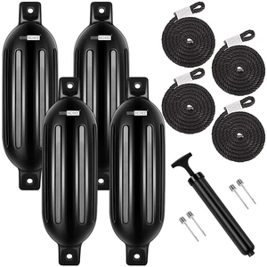 Vinyl Ribbed Boat Fenders 4 Pack, Boat Bumpers with Ropes, Needles, and Pump to Inflate Fit for Yachts, Sailing Dinghies, Bass Boats, Black Vinyl Ribbed Boat Fenders 4 Pack, Boat Bumpers with Ropes, Needles, and Pump to Inflate Fit for Yachts, Sailing Dinghies, Bass Boats, Black