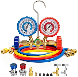 R134a 5ft HVAC Manifold Gauge Set with Quick Couplers and Can Taps R134a 5ft HVAC Manifold Gauge Set with Quick Couplers and Can Taps