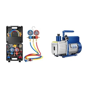 HVAC Manifold Gauge Set for R134a R1234yf R454B R410a R32 with 5ft Hoses and 1/4 HP 3.5 CFM A2L HVAC Vacuum Pump with Sparkless Motor for R32 R1234yf R454B R134a R22 R410a AC Systems HVAC Manifold Gauge Set for R134a R1234yf R454B R410a R32 with 5ft Hoses and 1/4 HP 3.5 CFM A2L HVAC Vacuum Pump with Sparkless Motor for R32 R1234yf R454B R134a R22 R410a AC Systems