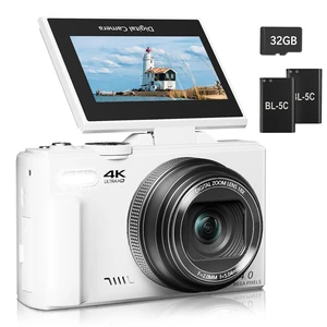 Digital Camera for Photography, 4K Vlogging Camera for YouTube 3" 180° Flip Screen 18X Digital Zoom Compact Cameras with 32GB TF Card & 2 Batteries, White