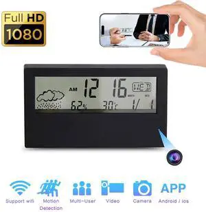 Aiacmea Smart Digital Clock with 1080P Mini WiFi Camera  Indoor Surveillance with Night Vision, Motion Alerts, App Control & Loop Recording for Home, Office, Baby, Pet Monitoring