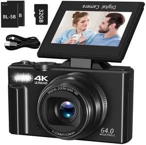 Digital Camera 4K 64MP Vlogging Camera for YouTube 3''180°Flip Screen 18X Zoom Autofocus 32GB SD Card Video Cameras for Beginners