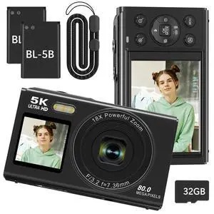 Camera 5K 80MP Dual Screen Camera for Youtube 2.8'' Vlogging Cameras 18X Zoom 32GB Card Mini Cameras for Teens Black Camera 5K 80MP Dual Screen Camera for Youtube 2.8'' Vlogging Cameras 18X Zoom 32GB Card Mini Cameras for Teens Black