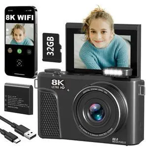 8K Digital Camera for Photography 88MP Vlogging Camera for YouTube with 3'' 180° Ultra HD Flip Screen 18X Zoom WiFi Autofocus Video Cameras Gray
