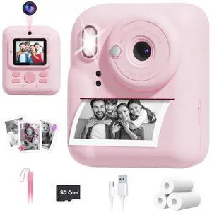 Seckton Dual-Lens Instant Print Camera for Kids, 1080P Digital Camera with 1300mAh Battery, Creative Birthday Gifts for Girls Age 3-12 Pink