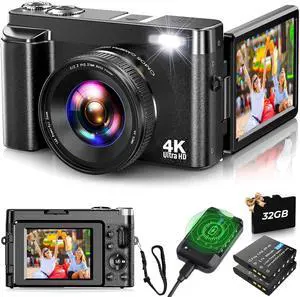 Camera 4K Vlogging Camera for YouTube with 32G SD Card 180° 3''Flip Screen 16X Autofocus 48MP Video Cameras