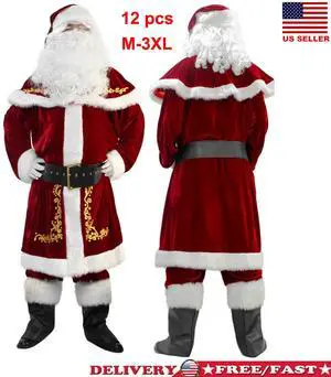 Men's Deluxe Santa Suit 12PC. Christmas Adult Santa Claus Costume L
