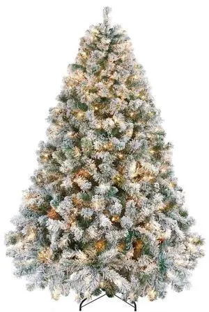 NOVAROOT Snow Flocked Artificial Christmas Tree Pre-Lit Metal Stand US