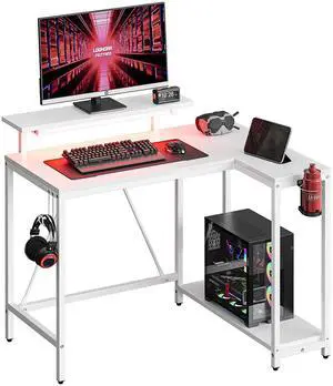 42" Reversible L-Shaped Gaming Desk with Monitor Stand, LED Lights& Headset Hooks, Home Office, Carbon Fiber White