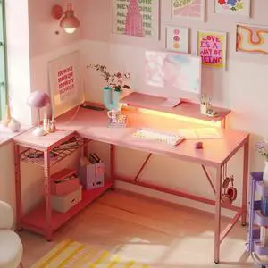 52" Gaming Desk with LED Lights L Shaped Desk with Power Outlet & Monitor Stand Corner Computer Desk in Carbon Fiber Pink 52" Gaming Desk with LED Lights L Shaped Desk with Power Outlet & Monitor Stand Corner Computer Desk in Carbon Fiber Pink