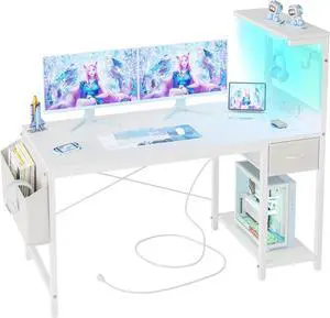 TIQLAB Gaming Desk 47 inch with Power Outlet and LED Light, Computer Desk with Reversible Shelves and Storage Drawer, Small PC Desk for Home Office Table with Bag, Carbon Fiber White TIQLAB Gaming Desk 47 inch with Power Outlet and LED Light, Computer Desk with Reversible Shelves and Storage Drawer, Small PC Desk for Home Office Table with Bag, Carbon Fiber White