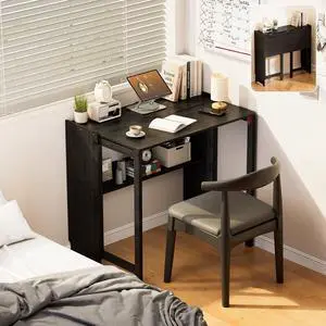 Bamboo Foldable Desk, Folding Desks for Small Spaces, Mid Century Small Computer Desk with Bookshelf for Bedroom Home Office, Black Bamboo Foldable Desk, Folding Desks for Small Spaces, Mid Century Small Computer Desk with Bookshelf for Bedroom Home Office, Black