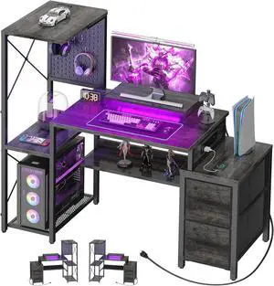 Small Gaming Desk with 2 Fabric Drawers - Reversible Computer Desk with Power Outlet & LED Lights, 49" Office Desk with Monitor Stand & Storage Shelves, Writing Study Table with Pegboard, Grey Oak Small Gaming Desk with 2 Fabric Drawers - Reversible Computer Desk with Power Outlet & LED Lights, 49" Office Desk with Monitor Stand & Storage Shelves, Writing Study Table with Pegboard, Grey Oak