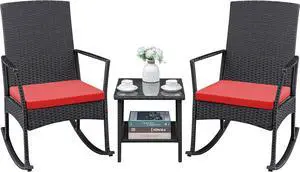 Greesum 3 Pieces Patio Furniture Set Outdoor Wicker Rocking Chairs with Glass Coffee Table for Garden Backyard Porch Poolside, Red Greesum 3 Pieces Patio Furniture Set Outdoor Wicker Rocking Chairs with Glass Coffee Table for Garden Backyard Porch Poolside, Red