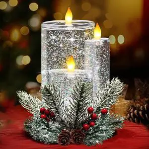 Christmas Snow Globe Flameless Candle, LED Lighted Electric Snow Globe with Spinning Glitter, Christmas Candles Battery Operated, Xmas Tabletop Decor for Adults Gifts(Glitter Color)