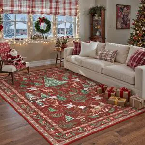 Christmas 5x7 Red Area Rug Santa Xmas Tree Holiday Decor Living Room Rug Washable Non Slip Soft Low Pile Lightweight Carpet for Kitchen Bedroom Dining Room Bathroom