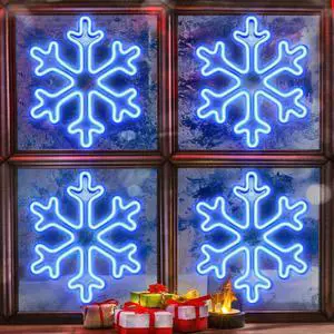 Christmas Neon Snowflake Light, 12 Inch Giant Snowflake Lights, Battery and USB Powered Christmas Curtain Neon Sign with Timer for Xmas Party Decoration (Blue,4 Pack)