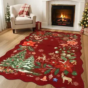 Floral Christmas Rugs for Living Room, 5x7 Christmas Area Rug for Bedroom Large Washable Carpet, Soft Stain Resistance Xmas Tree Carpets for Under Table Dining Room, Red Floral Christmas Rugs for Living Room, 5x7 Christmas Area Rug for Bedroom Large Washable Carpet, Soft Stain Resistance Xmas Tree Carpets for Under Table Dining Room, Red