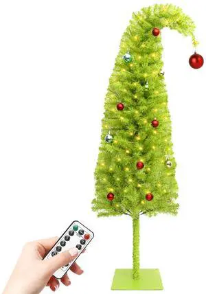 5FT Whimsical Lime Green Christmas Tree with 150 LED Timer Lights and Balls Ornament, Bendable Artificial Pencil Tree with Metal Base for Home Office Apartment Holiday Party Decoration