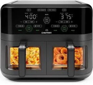 6 Quart Dual Basket Air Fryer Oven with Easy View Windows, Sync Finish, Hi-Fry, Auto Shutoff, 2 Independent 3Qt Nonstick Dishwasher Safe Frying Baskets, Digital Double Air Fryer - Black