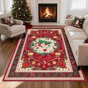 HEBE Christmas Area Rug 5'x7', Non Slip Farmhouse Red Rugs for Living Room, Washable Soft Area Rugs for Bedroom Christmas Low Pile Indoor Floor Carpet for Dining Room Xmas Holiday Decor