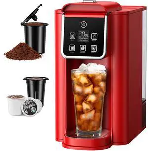 Single Serve Coffee Maker, Hot and Iced Coffee Machine for K Cup Pods & Ground Coffee, 6 to 14 oz Brew Sizes, with 50 oz Removable Water Tank, Bold Brew Setting, Stainless Steel, Red