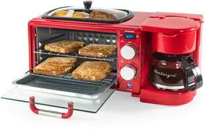 3-in-1 Retro Breakfast Station - Includes 5 Cup Coffee Maker, Non-Stick Ceramic Griddle, and 4-Slice Toaster Oven - Built-In Timer, Reusable Coffee Filter, Space-Saving Design - Red