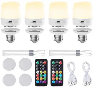 E26 Rechargeable Light Bulbs with Remote and Timer, Battery Backup Bulb with 12 Colors and Brightness Dimmable, 2300mAh 40W Equivalent LED Light Bulbs for Lamps Sconces Camping, 4 Pack