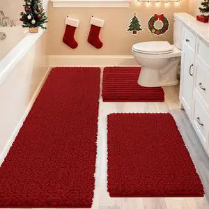Upgrade Christmas Extra Large Red Bathroom Rug Set 3 Pieces Ultra Soft, Thick Absorbent Bath Mats, Non Slip Chenille Toilet Mat for Bathroom, Bedroom, Kitchen