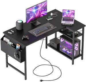 Small L Shaped Computer Desk with Power Outlets, Gaming Desk for Small Spaces, Corner Desk with Reversible Storage Shelves, Study Writing Table for Home Office