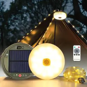 2-Pack Solar Camping String Lights, 39.4FT Portable Waterproof Camping Light with 8 Lighting Modes, Solar Powered and USB Rechargeable Tent Lantern with Remote Control for Camping, Garden and Hiking