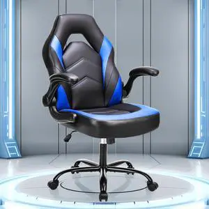 Computer Gaming Chair - PU Leather Ergonomic Lumbar Support with Flip-up Armrest and 360° Swivel Wheels, Height Adjustable Task Home Office Desk Video Racing, Blue