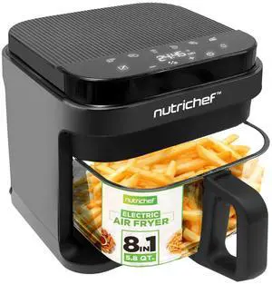 5.8 Quart Air Fryer | 8-1 Preset Cook Modes | Transparent Fry Bowl for Best Cooking Results | Cook Shrimp, Steak, Fries, Wings, Chicken & More | Precise Temperature Control & Time | Grey