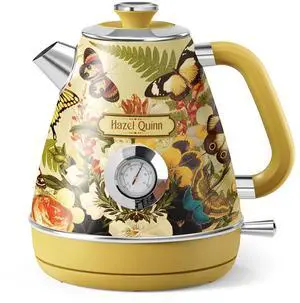 X Eduardo Recife Electric Kettle - 1200W Fast Water Boiling, 1.7L/57oz, All 304 Stainless Steel Interior, BPA-Free, Auto Shut-Off, Cordless Retro Teapot with Thermometer - Floral Patterned