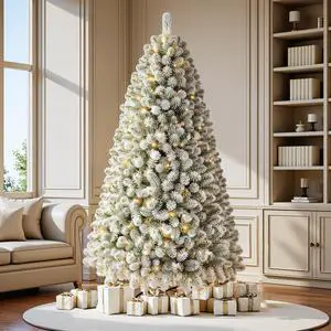 6 FT Prelit Snow Flocked Christmas Tree, Artificial Spruce Christmas Tree with 250 Warm White LED Lights, 850 PVC Branch Tips, Easy Assembly/Metal Stand/Hinged Branches Decoration