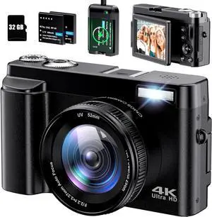 4K Digital Camera for Photography - Autofocus 48MP Vlogging Camera for YouTube with 3'' 180°Flip Screen - 16X Digital Zoom, Anti-Shake Camera for Vlogging with SD Card, 2 Batteries & Charging Stand