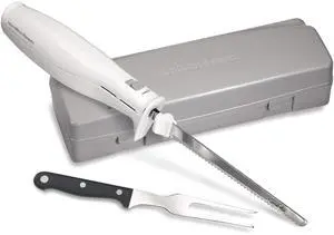 Electric Knife Set for Carving Meats, Poultry, Bread, Crafting Foam & More, Reciprocating Serrated Stainless Steel Blades, Ergonomic Design Storage Case + Fork Included, 5Ft Cord, White Electric Knife Set for Carving Meats, Poultry, Bread, Crafting Foam & More, Reciprocating Serrated Stainless Steel Blades, Ergonomic Design Storage Case + Fork Included, 5Ft Cord, White