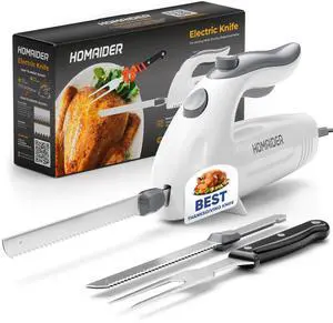 Electric Knife for Turkey, Meat Slicing, Bread, Fillet, Foam & More | Ergonomic Handle + 2 Stainless Steel Carving Blades & Serving Fork Included