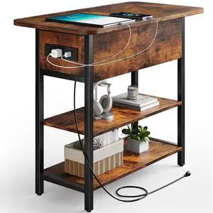 End Table with Charging Station, Flip Top Side Table with USB Ports and Outlets, Sofa Couch Table Bedside Table for Living Room Bedroom, Narrow Nightstand with Storage Shelves for Small Space
