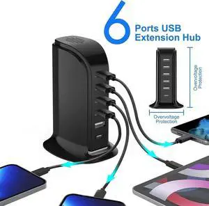 USB Charging Station for Multiple Devices, 40W Multiport Charger Tower, USB-C Port Supports PD Quick Charge Compatible with iPhone, Smartphones, Tablets and Other Devices (Black) USB Charging Station for Multiple Devices, 40W Multiport Charger Tower, USB-C Port Supports PD Quick Charge Compatible with iPhone, Smartphones, Tablets and Other Devices (Black)