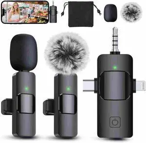 3 in 1 Professional Wireless Lavalier Microphone for iPhone, Android, Camera, Wireless Mini Microphones, Crystal Clear Sound Quality for Recording, Live Streaming, YouTube, TikTok, Elegant Black