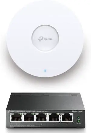 TP-LINK EAP610 & TL-SG1005P Bundle | Omada True Wi-Fi 6 Ultra-Slim Wireless Access Point w 5 Port Gigabit PoE Switch, 4 PoE+ Ports @65W for Seamless Business Office Mesh Roaming WPA3, MU-MIMO