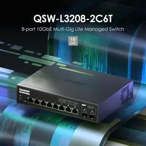 QNAP 8-Port Multi-Gig 10GbE Lite-Managed Network Switch (QSW-L3208-2C6T-US)  6× 10/5/2.5/1G RJ-45, 2× SFP+/RJ-45 Combo