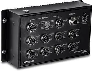 TRENDnet 10-Port Industrial EN 50155 M12 Gigabit PoE+ Railway Switch, TI-XPG102, IP40 Rated for Harsh Environments, NDAA + TAA Compliant, Black TRENDnet 10-Port Industrial EN 50155 M12 Gigabit PoE+ Railway Switch, TI-XPG102, IP40 Rated for Harsh Environments, NDAA + TAA Compliant, Black